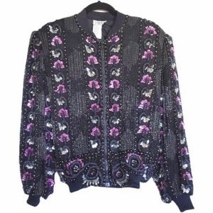 Vintage Silk Embellished Sequin Blk Bomber Jacket